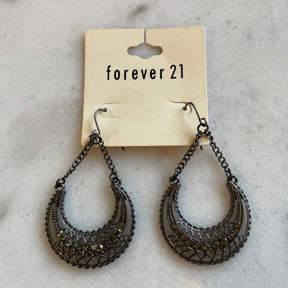 Forever 21 Pewter Dangle Earrings with rhinestones